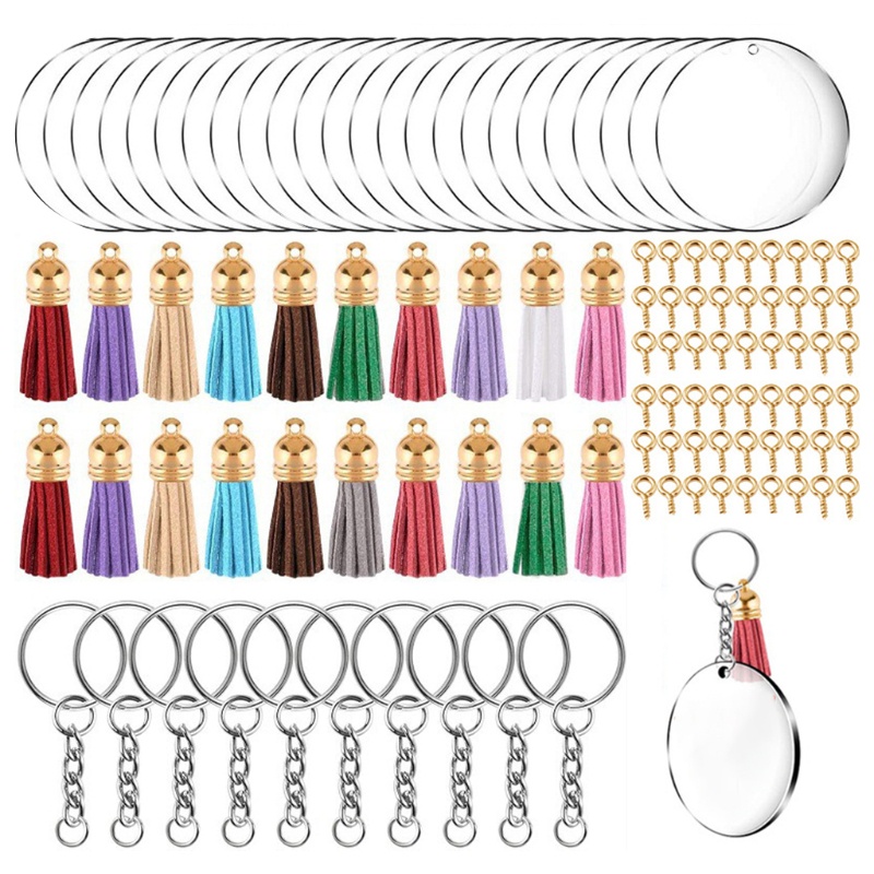 SIY  200 Pcs Acrylic Keychain Blanks Kit for DIY Projects Crafts with Key Rings Jump Rings Round Clear Discs Circles Colorful Tassel Pendants