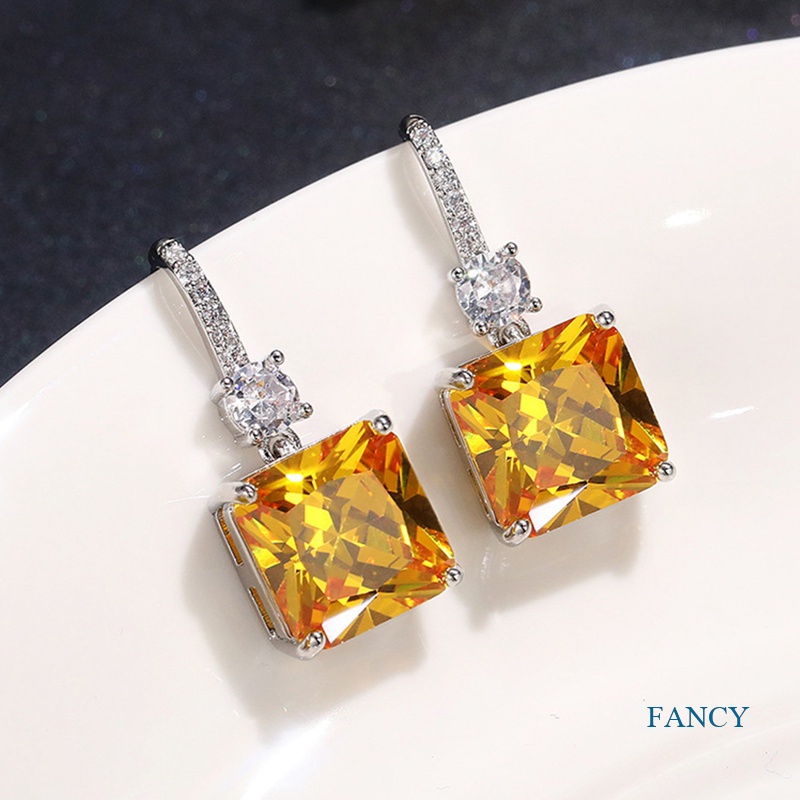 Anting Tusuk Gantung Wanita Hias Cubic Zirconia Warna Kuning Gaya Putri Cantik Untuk Pernikahan / Pesta