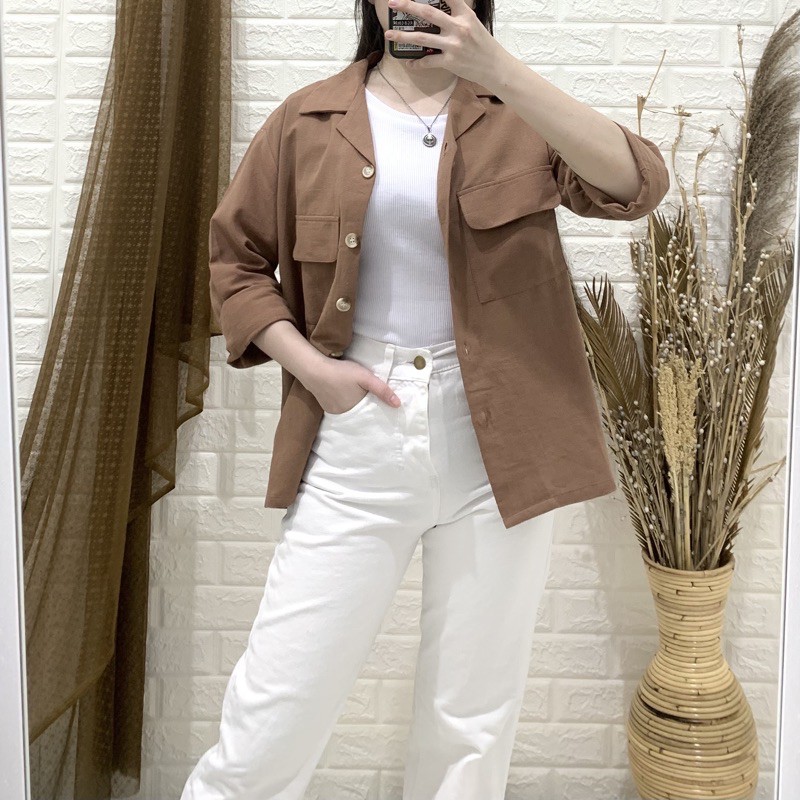 Misty Long Shirt - PLENARIO ID | Kemeja wanita - Oversize - Bahan linen - atasan wanita - shirt kemeja - COD-Brown