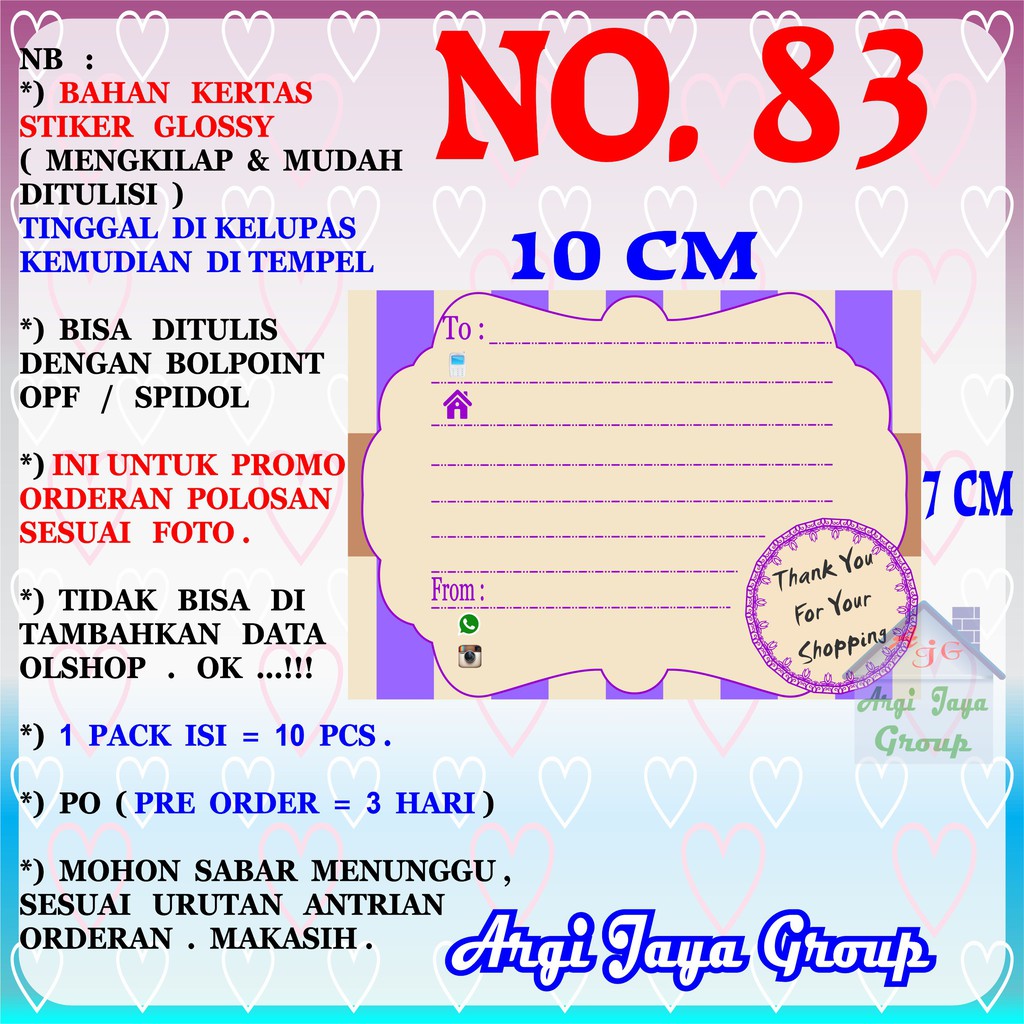 

Promo!Stiker Label Pengiriman Polosan No = 83 (10x7cm) 1 Pack = 10 Pcs
