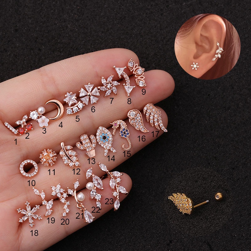 Hot 1piece Steel Copper Fish Hand Tree CZ Ear Piercing Jewelry Steel Barbell Daith Earrings Helix Cartilage Studs