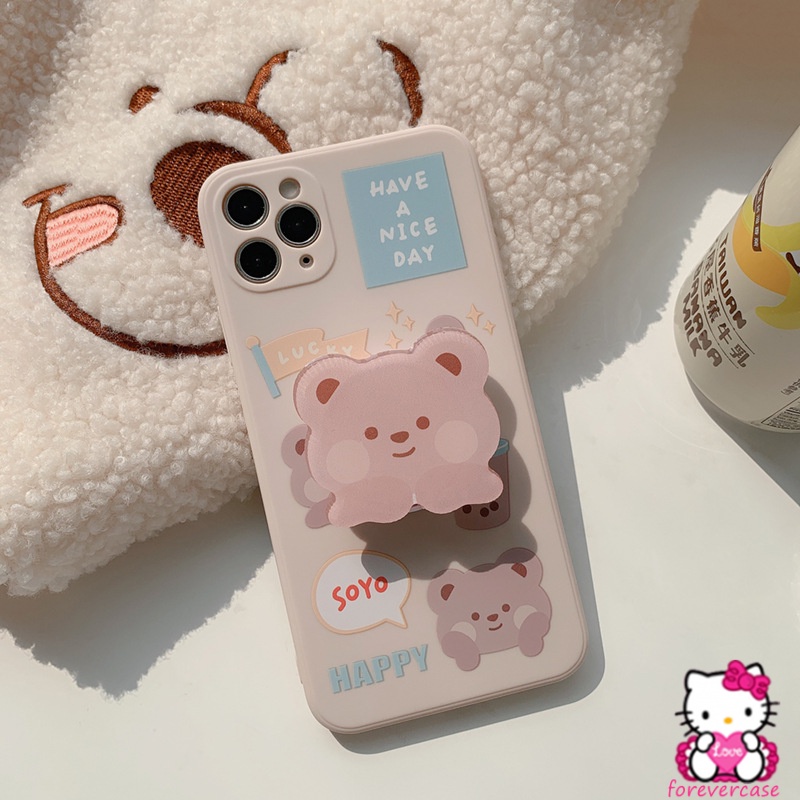 Cute Cartoon Case Oppo A15 Kawaii A54 A95 A35 Reno 5F A12 A16 Bear Popsocket A74 Reno 5 A15S Ins Hot A5S Reno 4 A92 A52 Reno 4F A9 A5 2020 A3S A53 2020 Soft Tpu Milk Tea Cover with Stand Holder Bracket