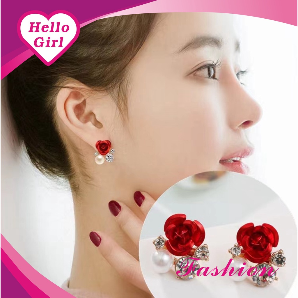 (Hello Girl)E07 Anting Wanita Model Tusuk Motif Bunga Dan Kupu Mutiara Gaya Korea Import