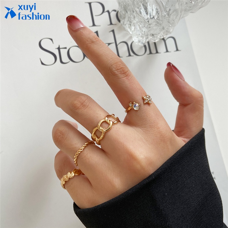 4pcs/set Fashio Hollow Opening Adjustable Ring Set Elegant Spiral Zircon Ring for Women Jewelry Accessories