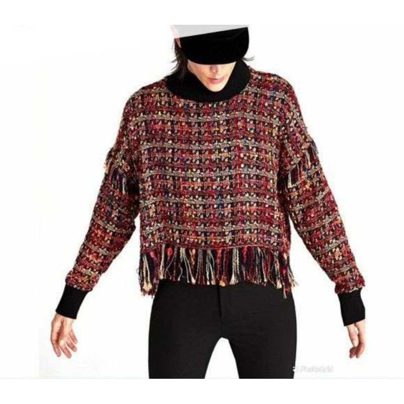 zara tweed fringe sweater gold black / sweater zara original