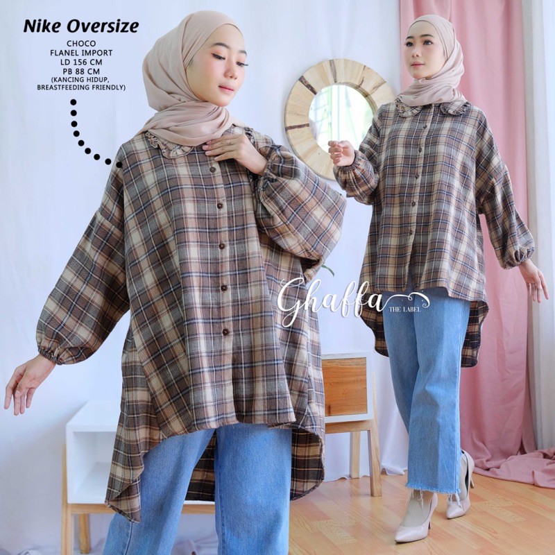 Atasan kemeja wanita oversize pattern kotak hits kekinian (Nike)