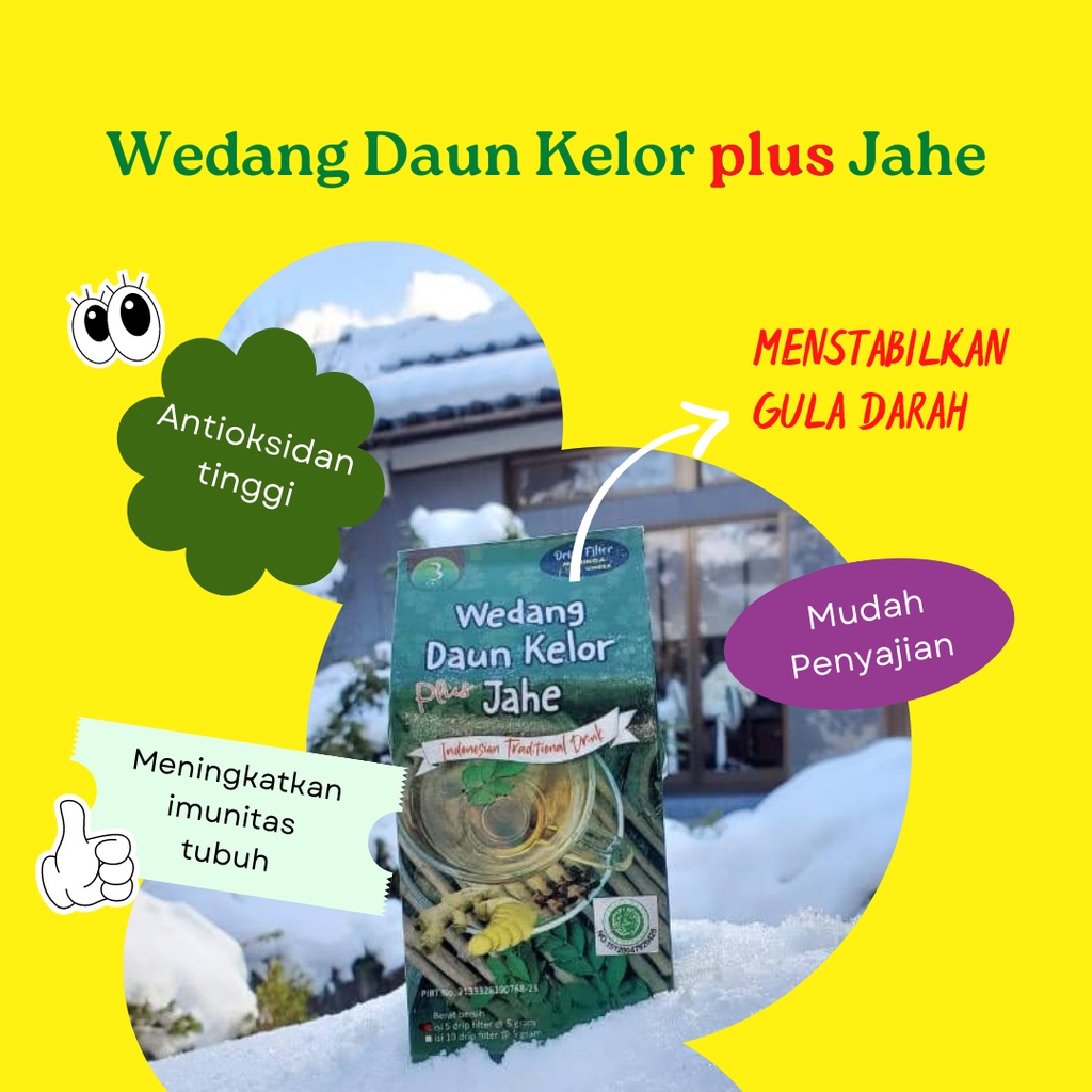 

Wedang Daun Kelor plus Jahe berbentuk bubuk kemasan dripfilter antioksidan tinggi, menstabilkan gula darah dalam tubuh
