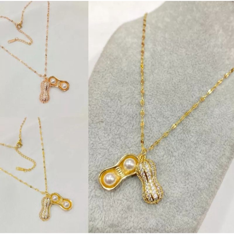 kalung Pecah Kopi Liontin Kacang Mutiara Titanium Perhiasan Wanita Lapis Emas