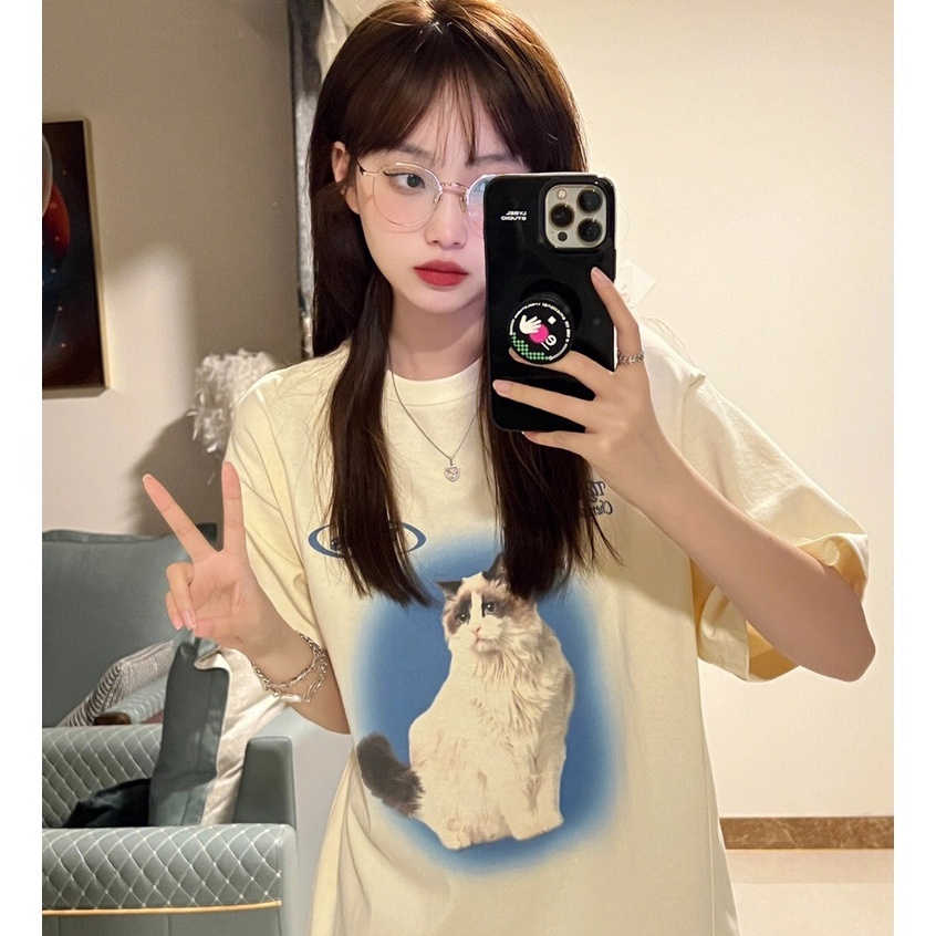 [100%  Katun]Cat Kaos Lengan Pendek Cream Atasan Wanita Oversize Printed T-shirt Kekinian Korean Style