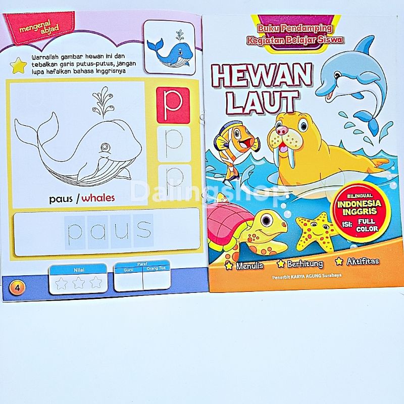 Dalingshop Buku Bilingual Indonesia Inggris Full Color Buku Mewarnai Menulis Berhitung Aktifitas-Hewan Laut