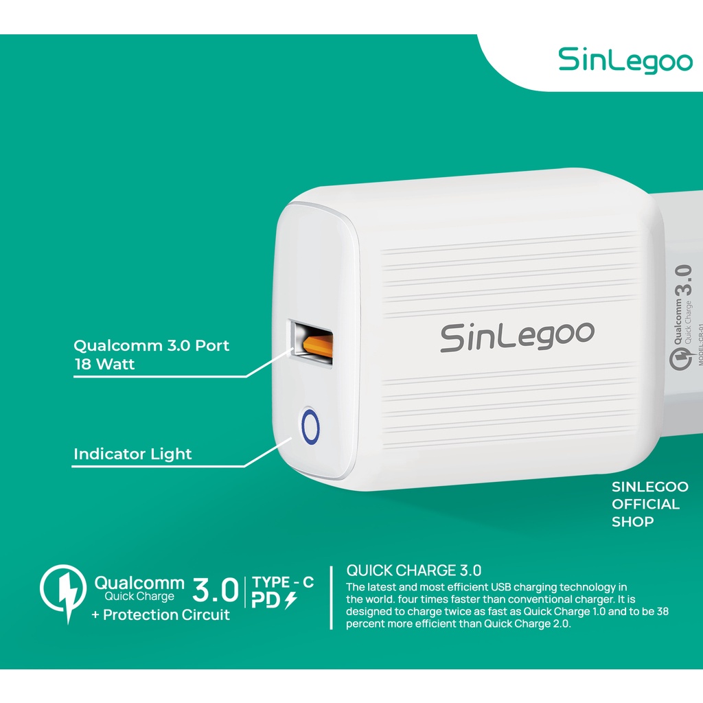 Adaptor Charger SinLegoo CR-01 CR01 Qualcomm Fast Charging Batok Kepala Charger