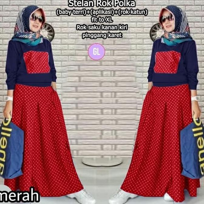 promo stelan muslim/baju muslim/baju atasan tunik/tunik/st rok polka/gl9208 terbaru