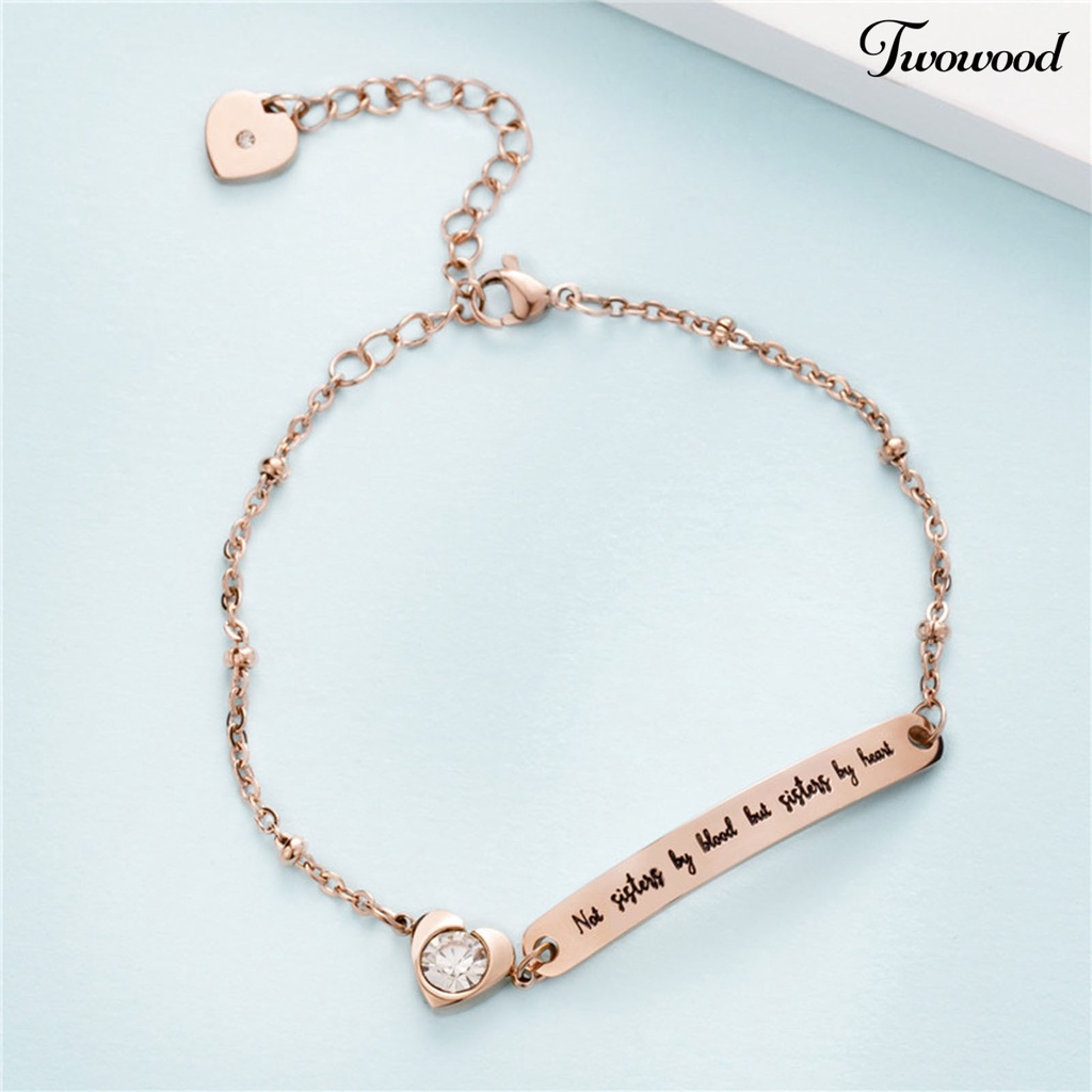 Twowood Letter Print Adjustable Women Bracelet Titanium Steel Curved Plate Heart-shaped Dangle Bracelet Jewelry Accessory