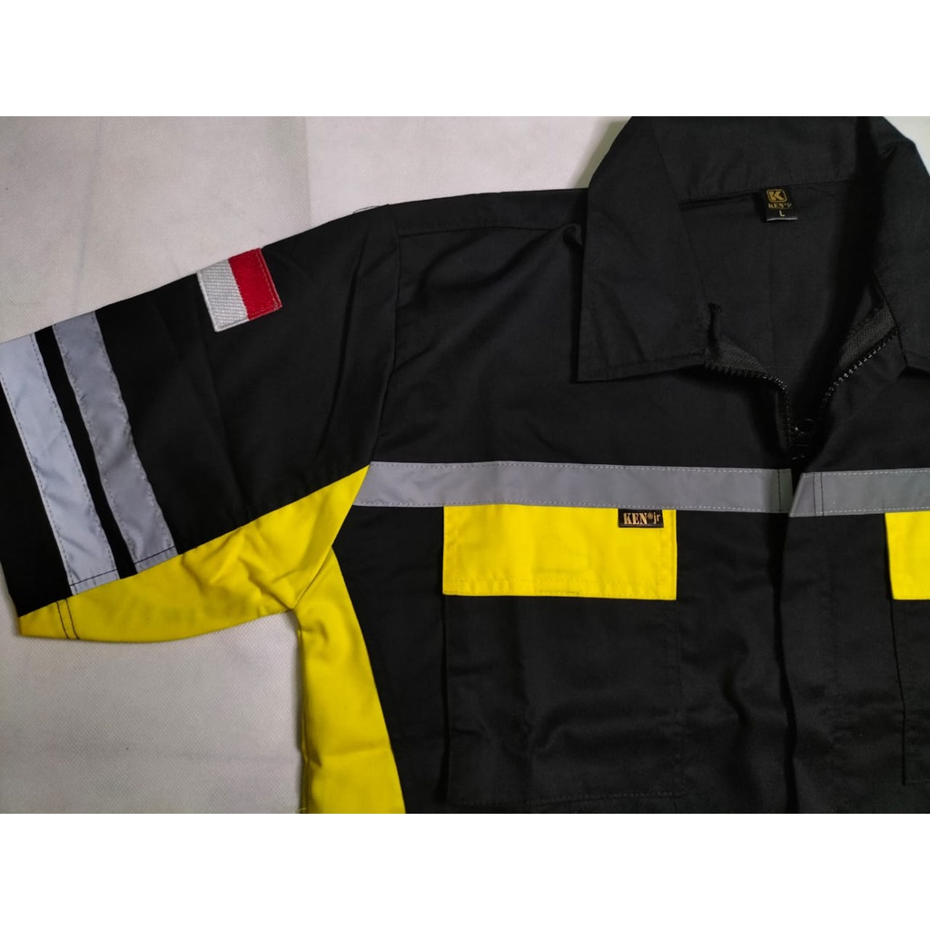 Kemeja Safety Lengan Pendek  | Baju Proyek Wearpack Double Scotlight | Hitam Kuning