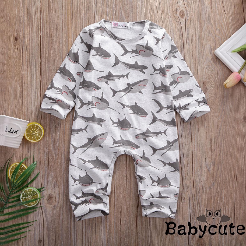 Newborn Baby Boy Shark Romper Bodysuit Jumpsuit Playsuit Clothes Outfit Gray