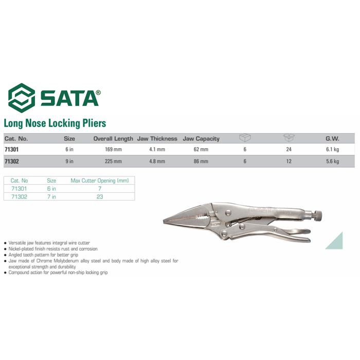 Tang Jepit Long Nose 6 Inch - Jaw Locking Pliers 71301 SATA TOOLS