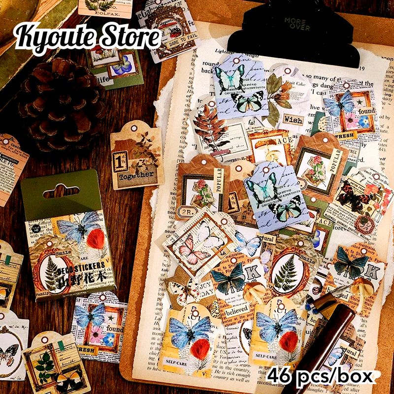 

46 pcs Sticker Deco Vintage Ticket Hang Tag Butterfly Aesthetic Old Scrapbook Journal DIY Diary Planner