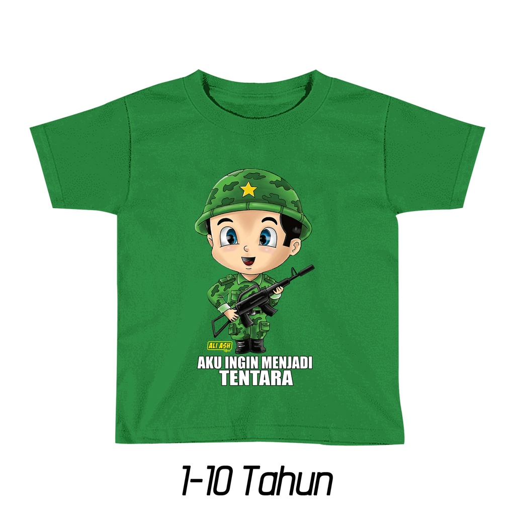 Kaos Anak Baju Anak Ali Ash Aku ingin menjadi Tentara Indonesia TNI prajurit Katun Combed 30s 1-10 T
