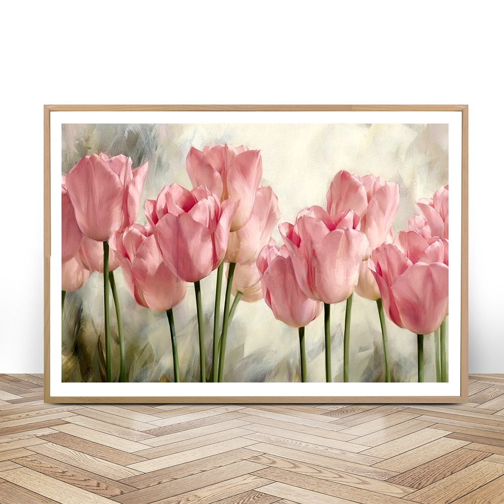 Lukisan Dengan Bahan Kanvas Gambar Bunga Tulip Warna Pink Dan Bergaya Nordic Shopee Indonesia