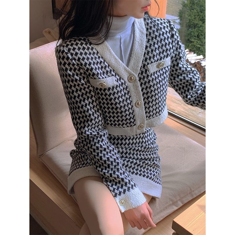 Fashion Houndstooth Suit Rok Jaket V-neck Pendek + Rok Modis Pinggang Tinggi