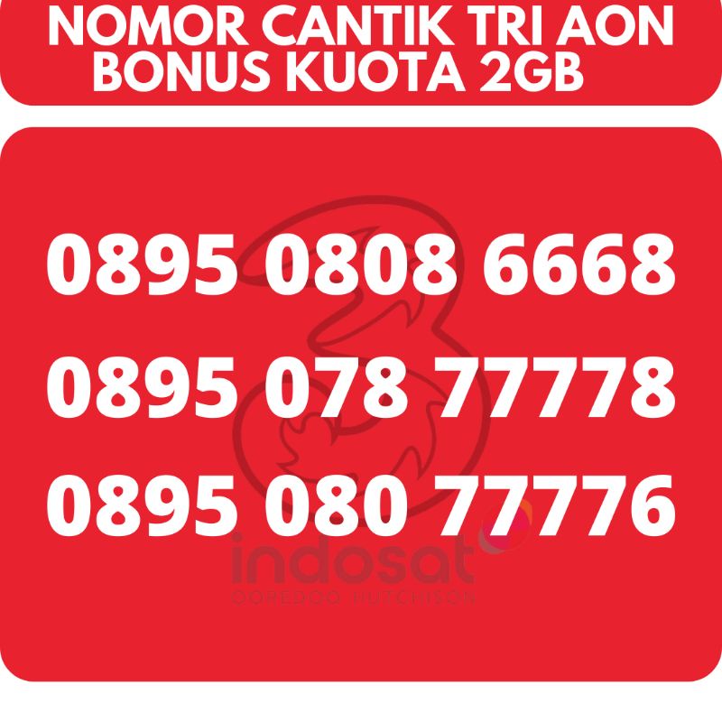 Nomor Cantik TRI Kartu Perdana TRI AON Cantik Three Rapih Nomer Mudah Diingat