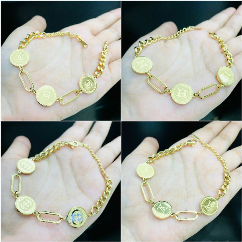 Fourfashion Gelang Tangan Titanium Motif Plat Bula 3 Rantai Premium Lapis Emas AK012