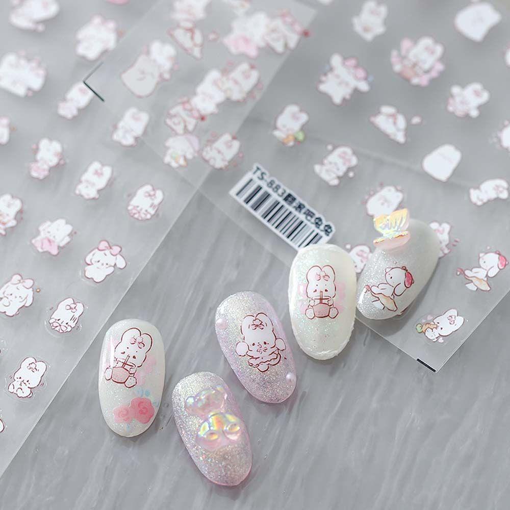 AUGUSTINA Agustina Bunny Nail Art Sticker Putih Lucu Decal Strawberry Rabbit Relief DIY Alat Nail Art