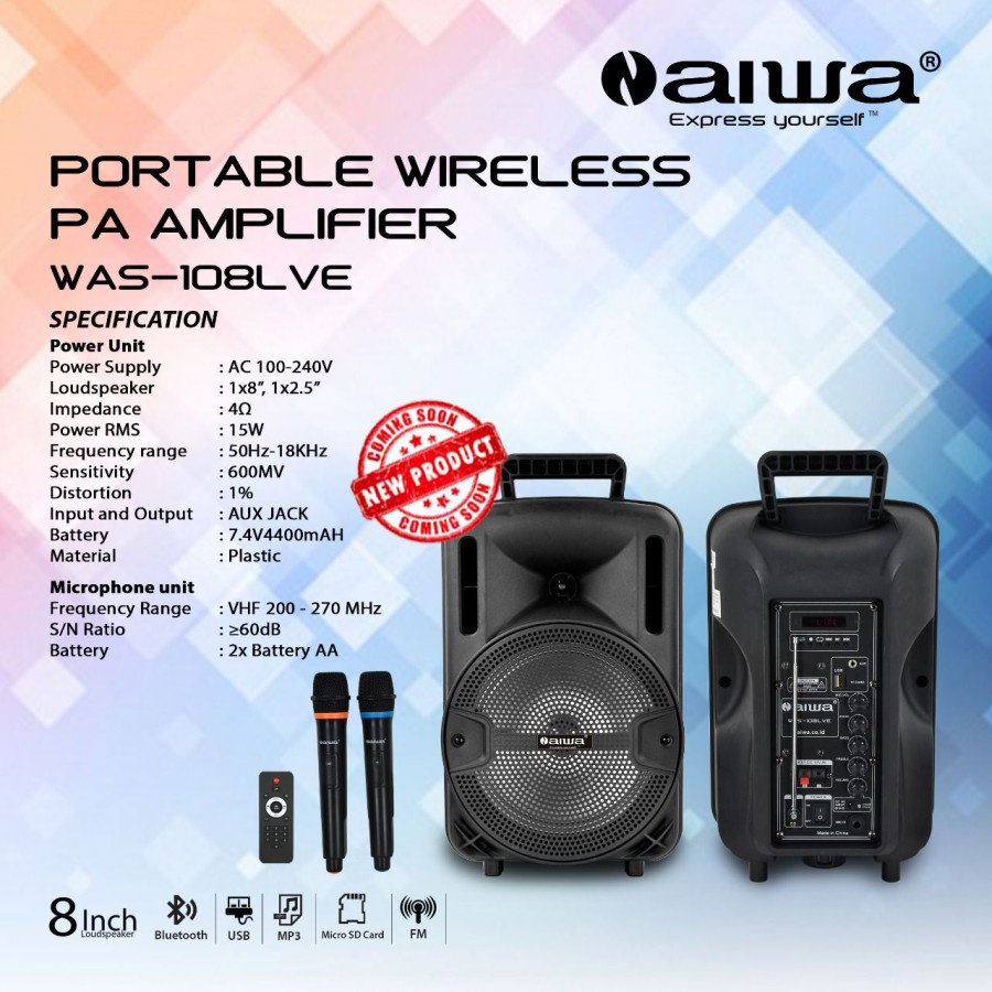 Speaker Portable Meeting Wireless USB Bluetooth Aiwa 8 Inch WAS-108LVE Aktif 8 Inch Aiwa Original