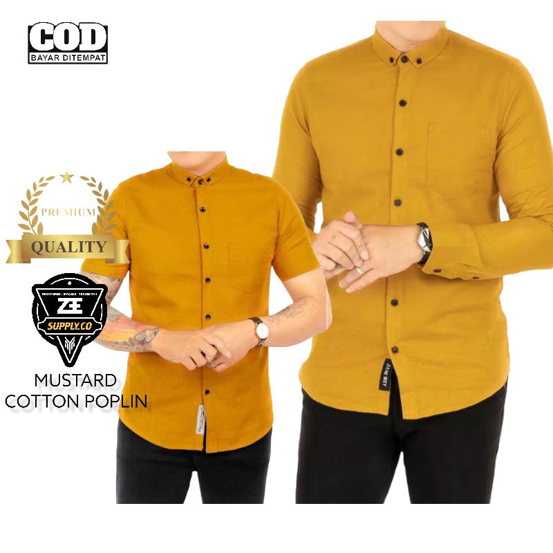 KEMEJA / HEM Polos Pria / Cowok Lengan Panjang &amp; Pendek Kasual / Formal Warna Kuning Kunyit / MUSTARD