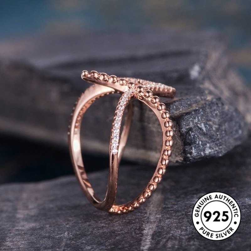 Cincin Berlian Bentuk V Bahan S925 Silver Warna Rose Gold