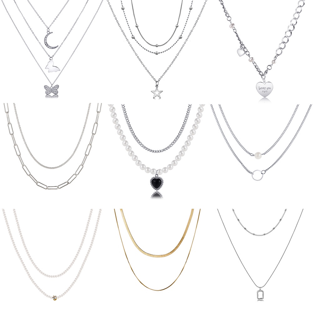 AY(CN) Kalung Choker Rantai Banyak Lapis Dengan Liontin Kupukupuhatikunci Warna Emassilver Retro Untuk Wanita ​Perhiasan Aksesoris Untuk Wanita