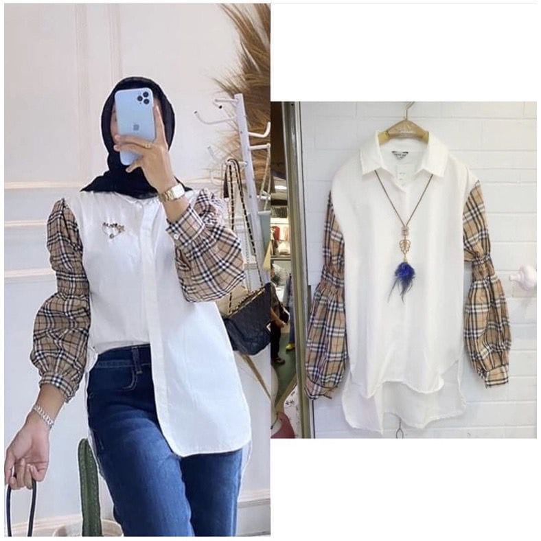 BEFAST - ZEC OOTD Wanita Blouse ECHA / Lia Combi Tartan / Blouse Combi Motif / Atasan Lengan Panjang / Blouse Combinasi / Blouse Casual Wanita / Blouse Kerja / Blouse Kekinain 2022 / Blouse Remaja Terbaru