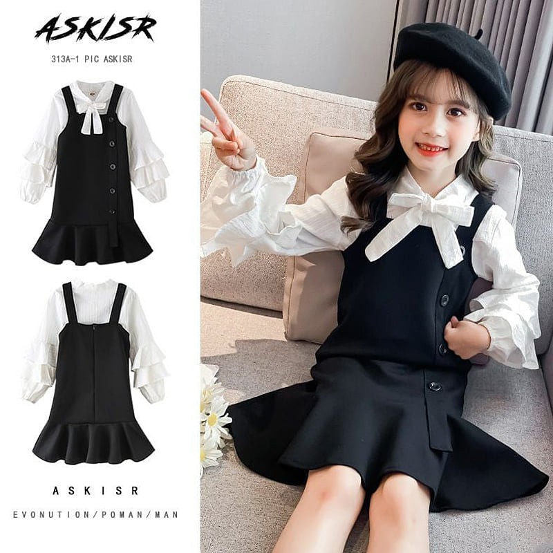 Setelan Overall Dress Anak Perempuan Western Black And White