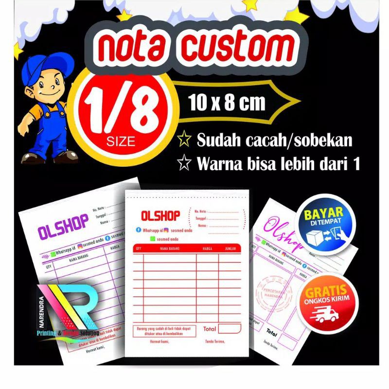 

NOTA CUSTOM 1/8 Folio | 100 lbr | Full Color | Gratis Garis Cacah & Desain | Rangkap | NCR | Bisa ber Nomor | Murah | percetakan narendra