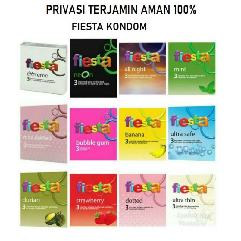 Kondom Fiesta Extreme Delay Bubble Gum Grape Strawberry Max Dotted Neon Ultra Safe Ultra Thin Banana