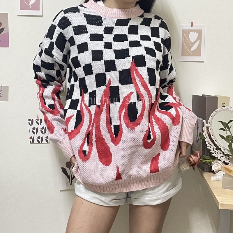[READY] FLAME SWEATER STR07 | michuu | sweater rajut import api sweater api kotak kotak korea