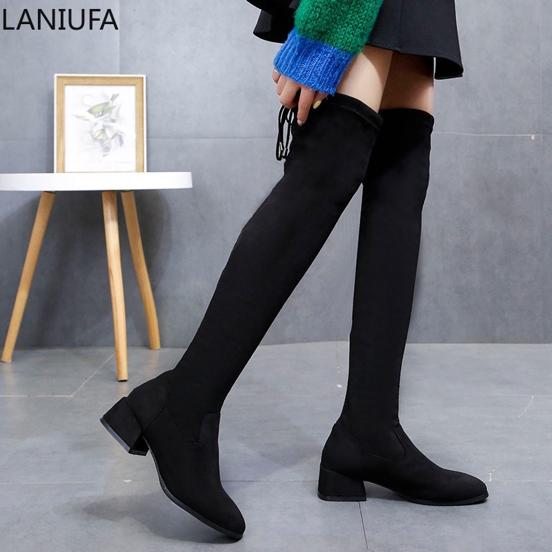 sepatu boots Autumn Winter women Thigh High Boots women warm Snow Boots stretch Fabric High Heels