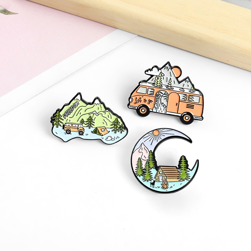 Bros Pin Enamel Desain Gunung Peak Bus Alam Untuk Hadiah