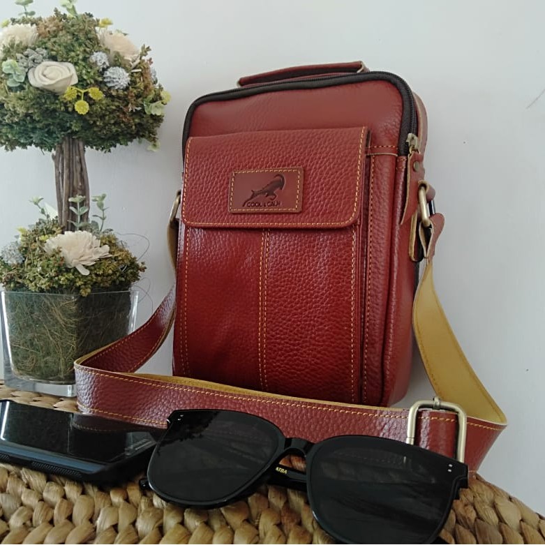 TAS SELEMPANG PRIA WAISTBAG KULIT COKLAT ASLI GARUT