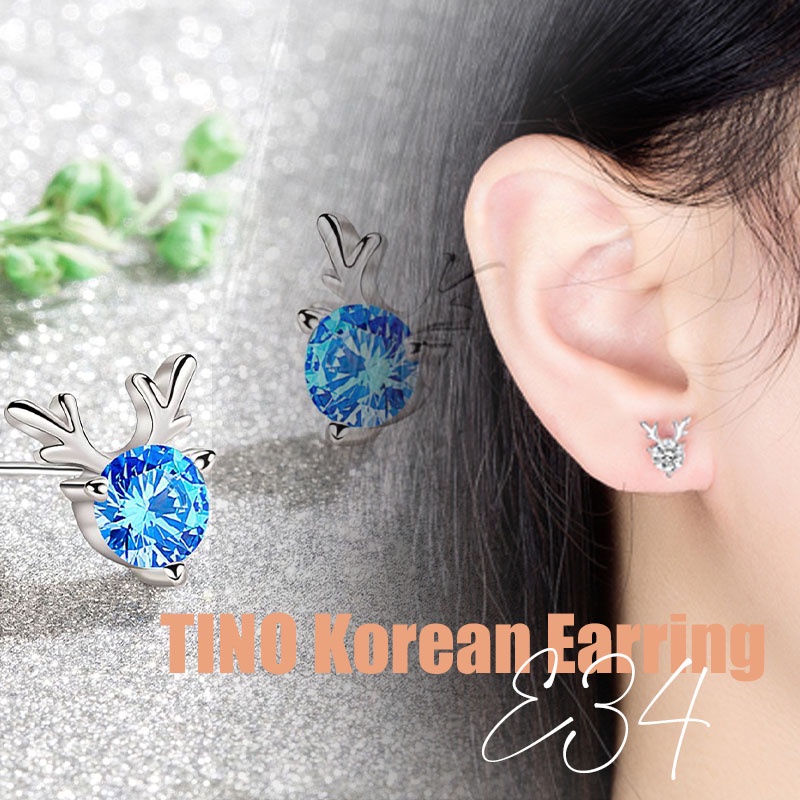 TT-ERE34D Tino Anting Titanium Perhiasan Wanita Silver 925 Dengan Permata Zircon/Anting Tusuk Wanita Model Tanduk Rusa Premium