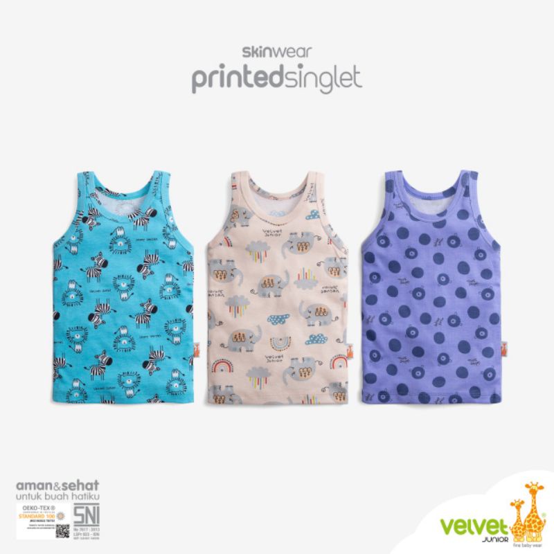 Velvet Junior SkinWear Printed Singlet (3pcs/Pack) / OBLONG Kutung PRINTING  Motif Bahan Tipis