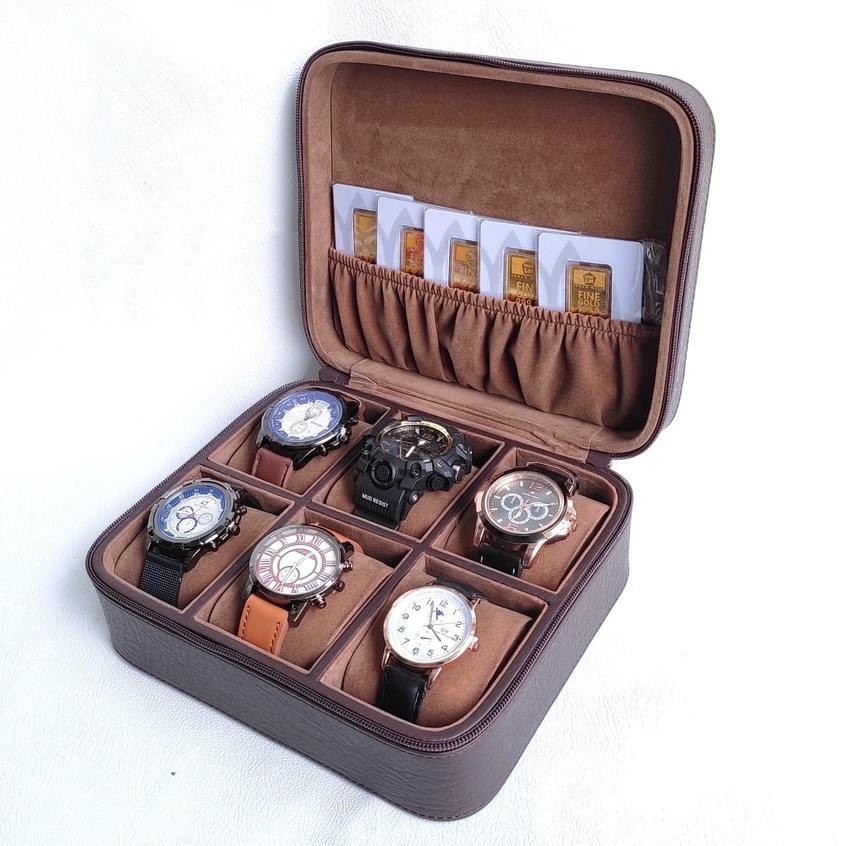 PORTABLE 6 Slot Travel Watch Box Leather / PROMO Kotak Tempat Jam Tangan Kulit JUMBO