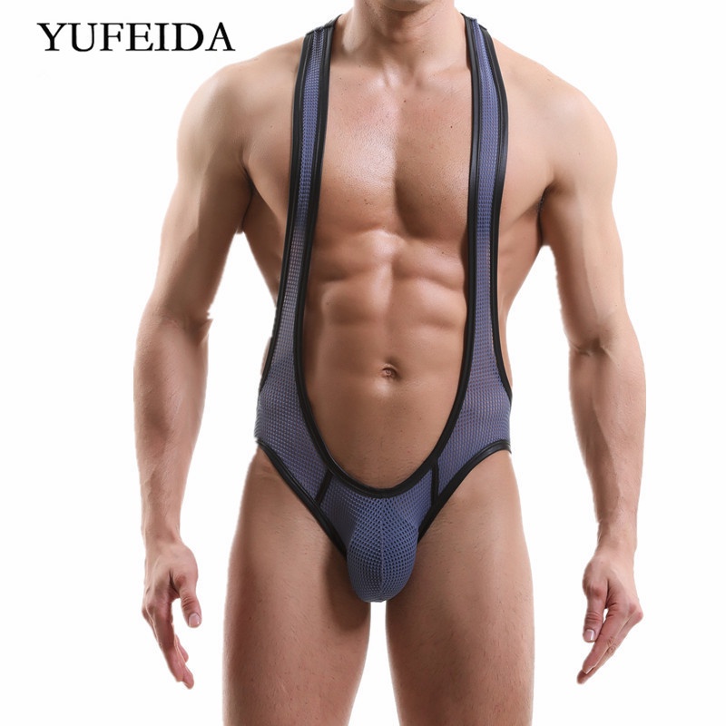 Sexy Mens Bodysuits Mesh Big Penis Jumpsuits Wrestling Singlet Leotard Open Butt Underwear One-Piece