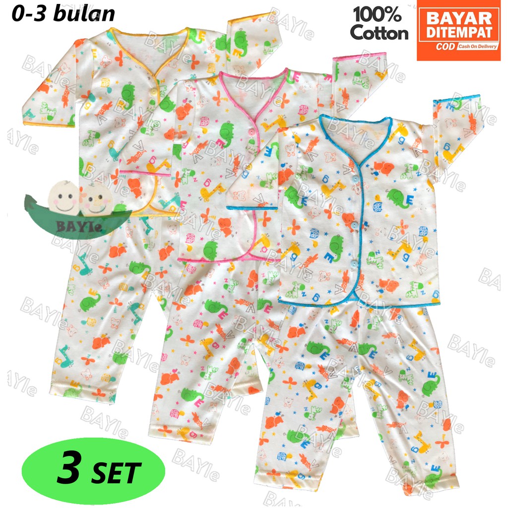 BAYIe - 3 SET Setelan Baju Bayi Panjang+Celana Panjang New Born Motif TABUR NECI RYN umur 0-3 bulan