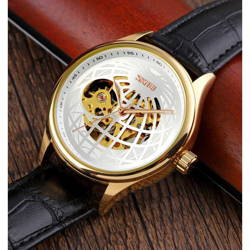 Jam Tangan Pria SKMEI Original Automatic Mechanical Leather Strap 9209CL Rose-2