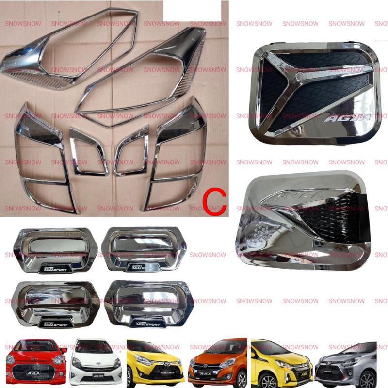 Paket Garnish Depan Belakang Outer Handle Tank Cover Agya Ayla GR Sport 2017 2022 2023 Hitam Chrome