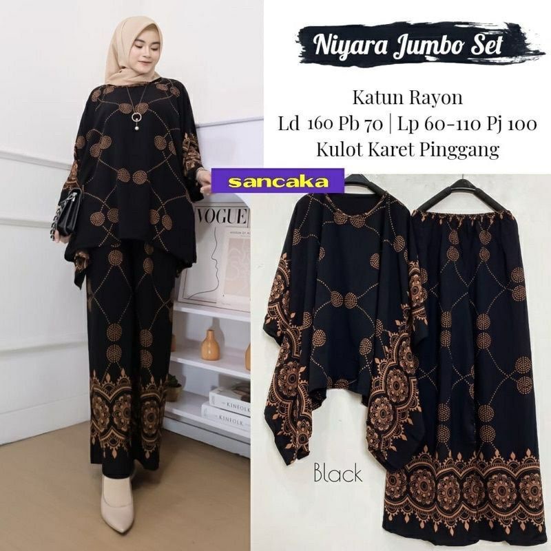 Setelan Jumbo | One Set Waka Motif Asiya Big Set / Niyara Set By Batik AW Size Jumbo LD 130 Busui | Set Wanita-Niyara Hitam