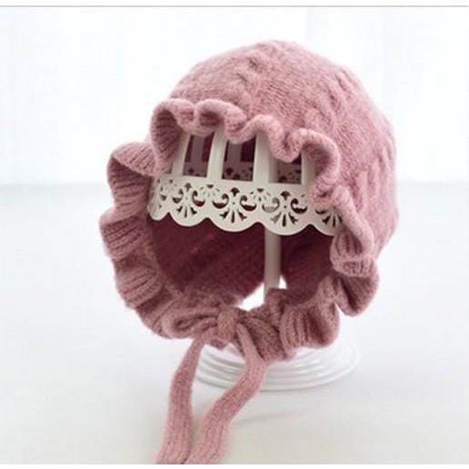 Topi bonet rajut anak/bayi import motif  gelombang banyak warna-Dusty Pink