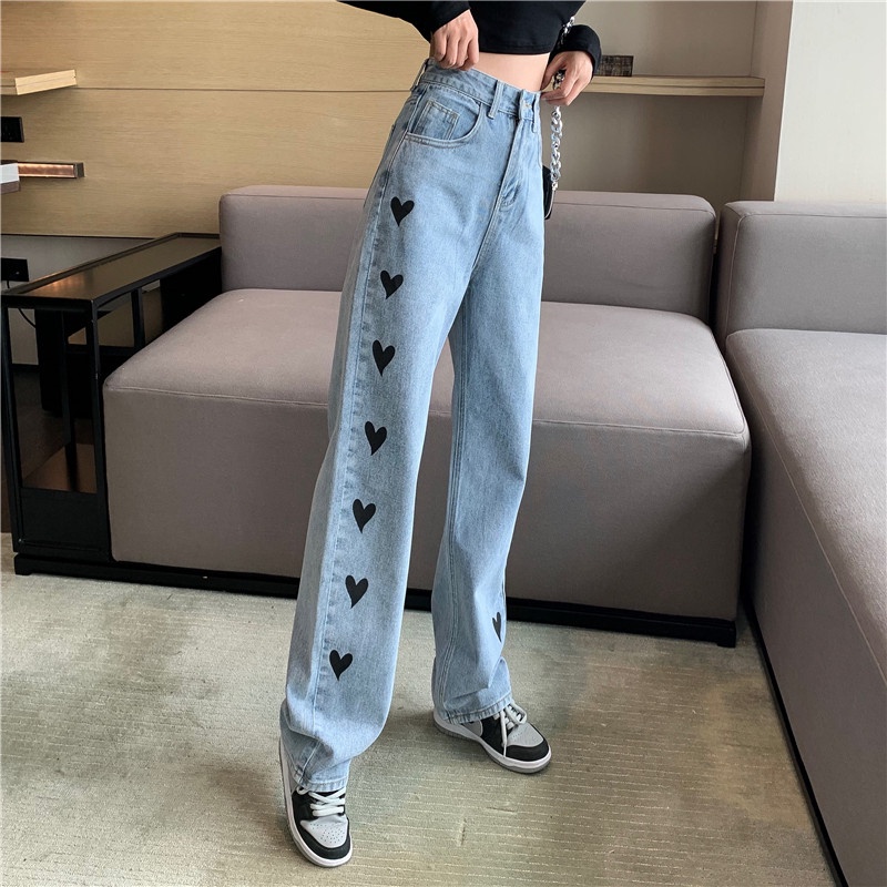 New kekinian love biru high waist murah boyfriend celana jeans panjang wanita kulot