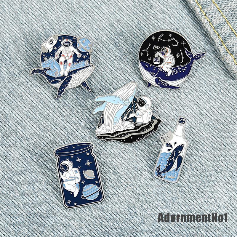 (Adornmentno1) 5pcs / Set Bros Pin Enamel Bentuk Astronot Whale Wishing Bottle